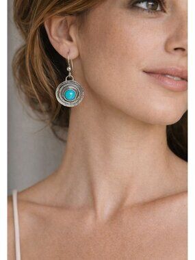 Vintage Turquoise Dangle Dainty Earrings Silver Spiral Disc Drop Earrings Boho